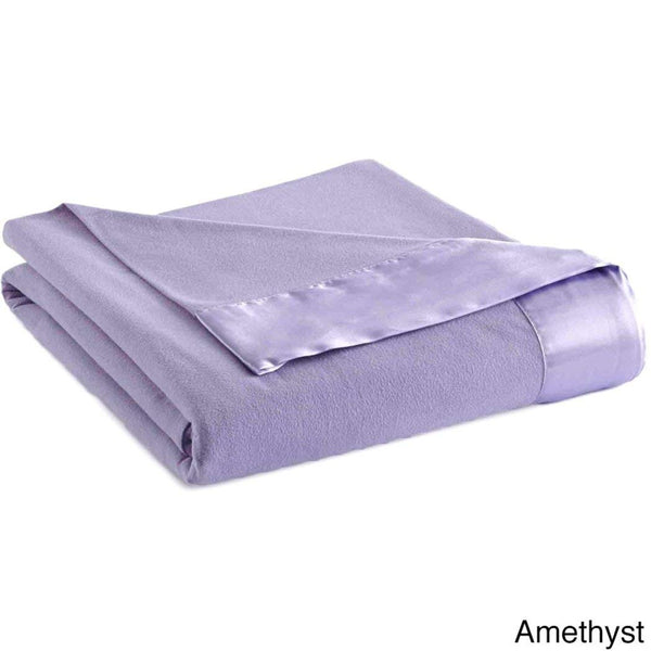 108 x 90 Inch King Amethyst Lightweight Sheet Style Throw Blanket for Kids, Lavender Solid Color Fleece Micro Flannel Woven Knit, 4 Inch Matching Dyed Satin Classic Traditional Polyester