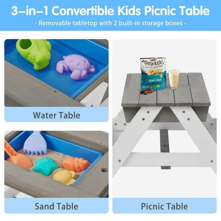 Outdoor Wooden Kids Picnic Table with mbrella Convertible Grey Wood