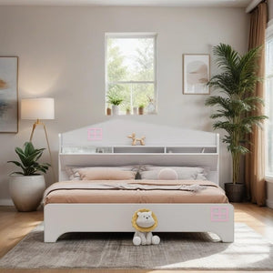 Wooden Full Size House Bed with Storage Headboard Kids Shelf Grey White Modern Contemporary Wood