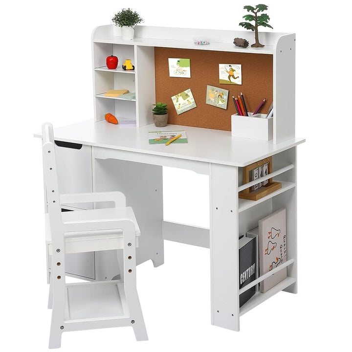 Wooden Study Desk and Chair for Kids Learning Table with Bookshelf White Modern Contemporary MDF 2 Piece Wood Finish