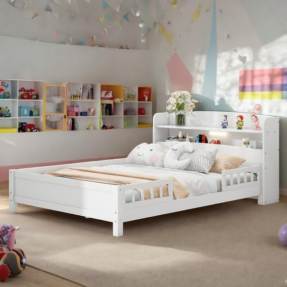 Wooden Full Size Kids Platform Bed with Storage Headboard and Led Light White Modern Contemporary Unisex Wood Included