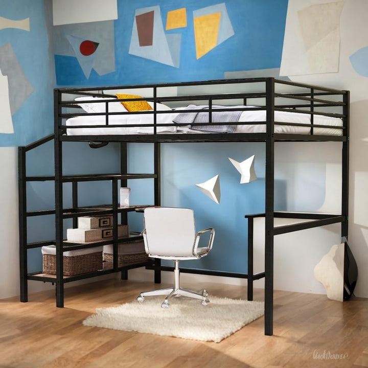 Full Size Loft Bed with Desk Heavy Duty Metal Shelves Frame for Kids Teens Black Modern Contemporary