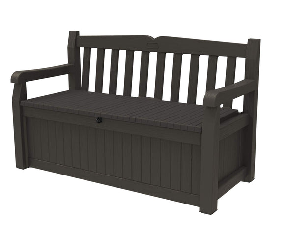 Keter Solana 70 Gallon Storage Bench Deck Box for Patio Furniture, Front Porch Decor and Outdoor Seating - Perfect to Store Garden Tools and Pool Toys, Brown/Brown