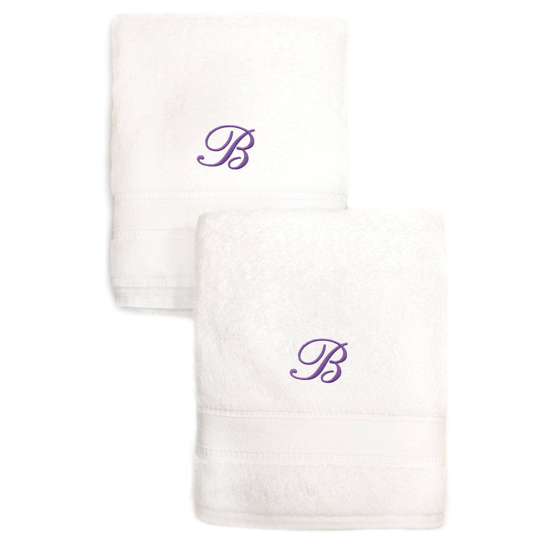 White Turkish Cotton Hand Towels Personalized with Lavender Purple Monogrammed Initial