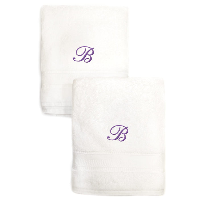 White Turkish Cotton Hand Towels Personalized with Lavender Purple Monogrammed Initial