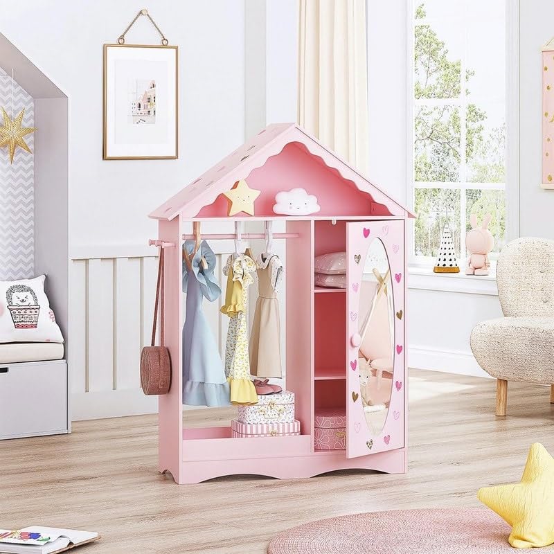 Kids Dress Up Storage with Mirror Armoire for Little Girls Pink Casual