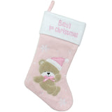 19" Pink and White Baby's 1st Christmas Embroidered Teddy Bear Christmas Stocking Polyester