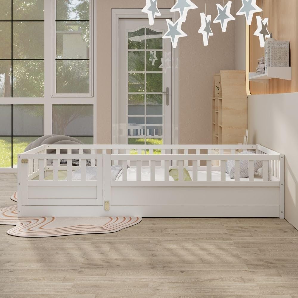 Twin Size Floor Bed Integral Construction with Super High Security Barrier Door Children's Frame White Modern Contemporary Unisex Space Pine Wood Includes Hardware