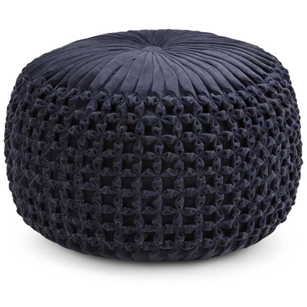 SIMPLIHOME Renee 20 Inch Boho Round Pouf in Navy Velvet Fabric, For the Living Room, Bedroom and Kids Room