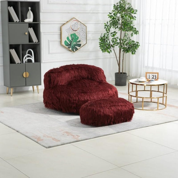 Wine Red Comfort Lounger Footstool Indoor Chair Fur Lazy Sofa Bean Bag Couch Modern Contemporary Pattern Velvet