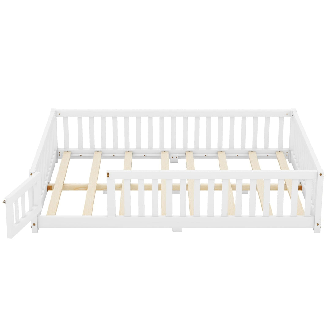 Wood Kids Platform Floor Bed with Rails and Switched Door White