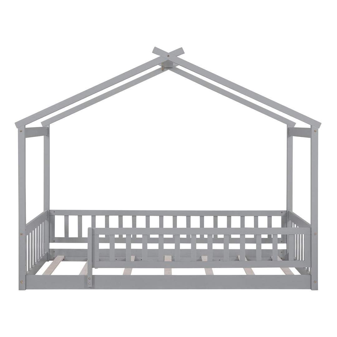 Twin Size Wood Bed House Frame with Fence for Kids Teens Girls Boys