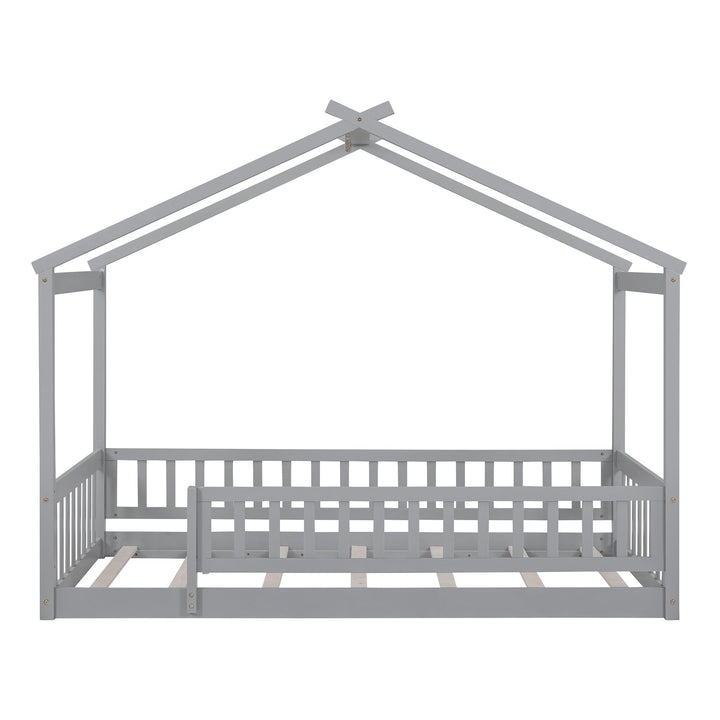 Twin Size Wood Bed House Frame with Fence for Kids Teens Girls Boys