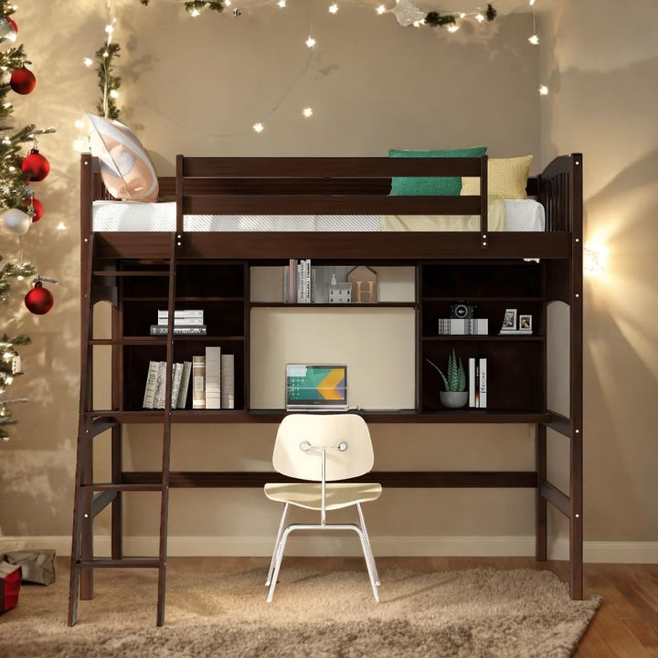 Twin Size Loft Bed with Storage Shelves Desk and Ladder Sturdy Frame Kids Bedroom Sets Brown Modern Contemporary Wood