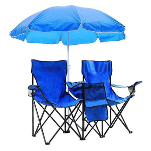 Portable Outdoor 2-seat Folding Chair with Removable Sun Umbrella Blue Polyester