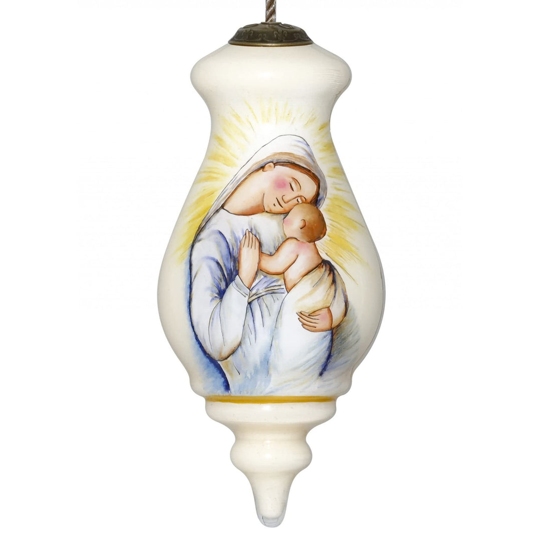 Mother with Baby Hand Painted Mouth Blown Glass Ornament 5" X 2.25" Multi Color Nativity