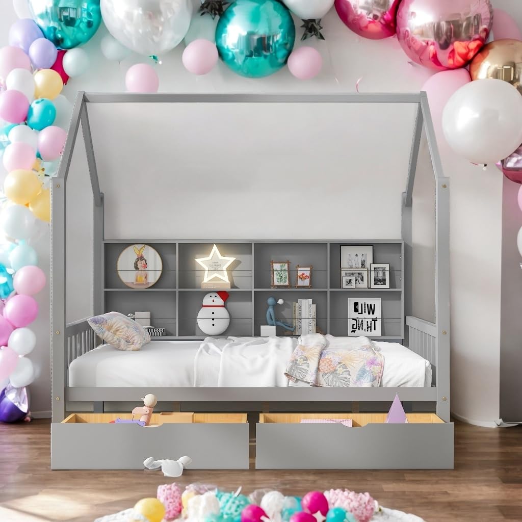 Modern Full Size House Bed Kids with 2 Drawers and Storage Shelf Solid Construction Grey Contemporary Wood