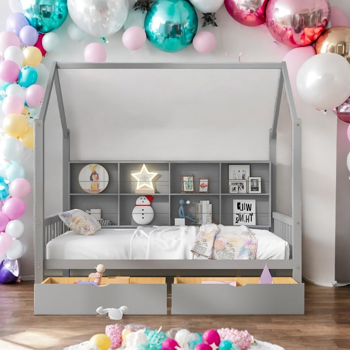 Modern Full Size House Bed Kids with 2 Drawers and Storage Shelf Solid Construction Grey Contemporary Wood