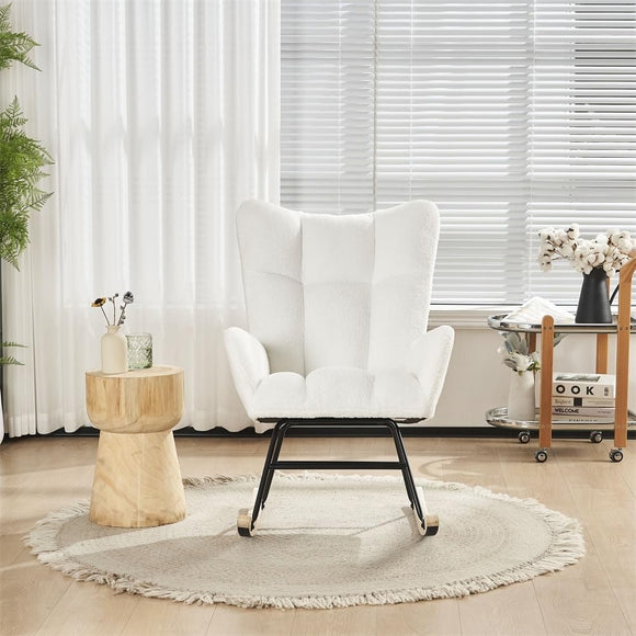 Solid Wood Legs Rocking Chair Nursery with Teddy Fabric Upholstered White Modern Contemporary Polyester