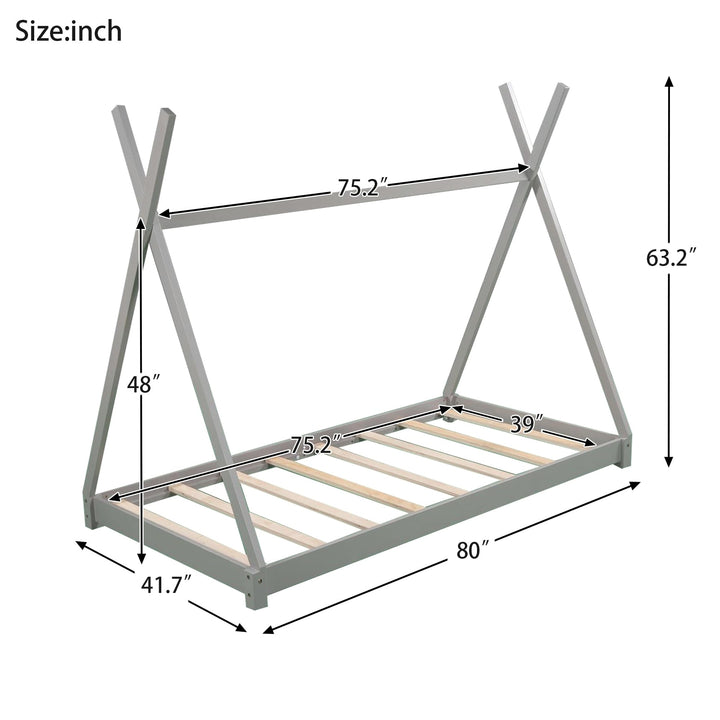 Wooden Twin Size House Platform Bed with Triangle Structure Solid Wood