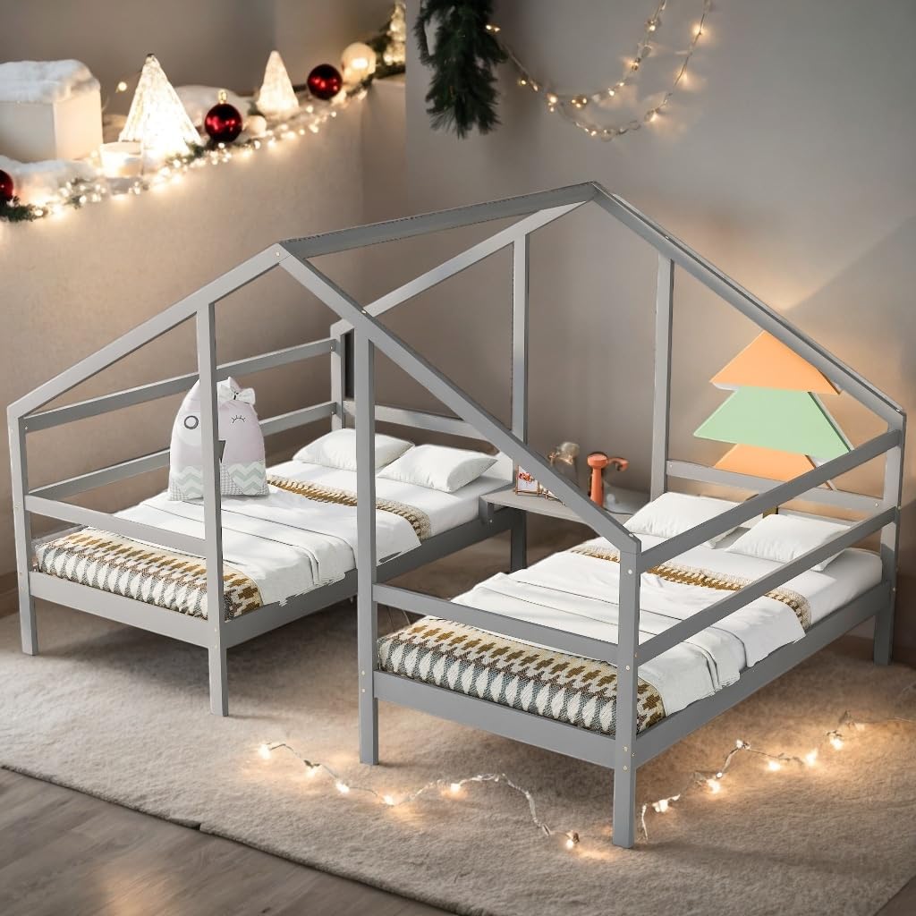 Double Twin Size Triangular House Beds with Built-in Table for Two Kids Grey Mid-Century Modern Contemporary Wood