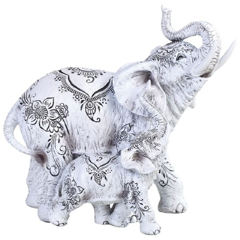 8.25" w Decorative White Elephant and Baby with Tattoo Statue Decoration Religious Figurine Multi Color Polyresin