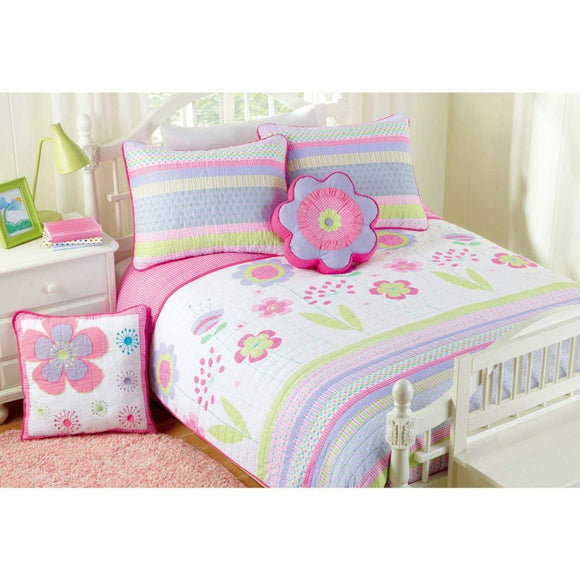 Pink White Blossom Floral Quilt Set Twin, Blue Lavender Flower Leaves Printed Boho Chic Hippie Teen Themed Reversible Kids Bedding for Bedroom Eye Catchy Casual Colorful, Cotton