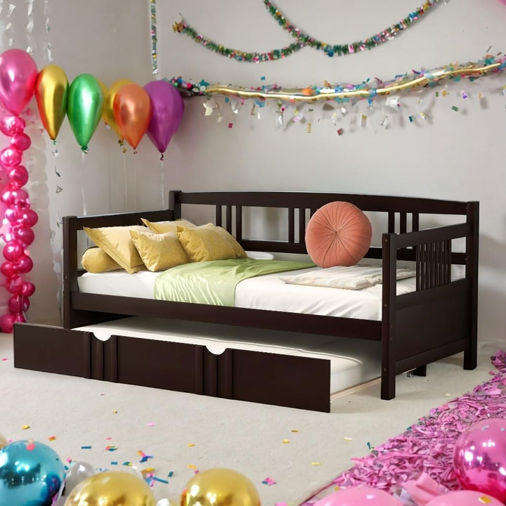 Elegant Design Twin Size Daybed Wood Bed Kids Ith Trundle Brown Mid-Century Modern Contemporary