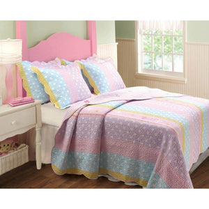 Kids Girls Pink Purple Blue Yellow White Twin Quilt Set, Polka Dot Themed Bedding Striped Scalloped Edging Beautiful Chic Cute Adorable Stylish Sweet Pretty Elegant Cheery, Cotton