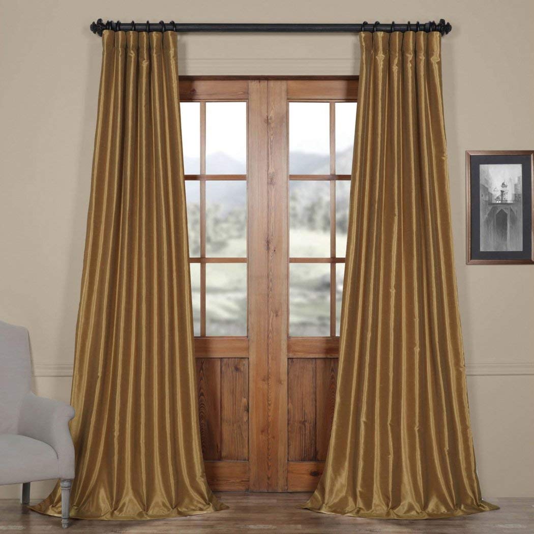 84 Inch Girls Flax Gold Color Vintage Textured Dupioni Silk Curtain Single Panel, Gold Allover Pattern Window Drapes, Kids Themed Blackout Rod Pocket Playful Luxurious, Faux Silk Polyester