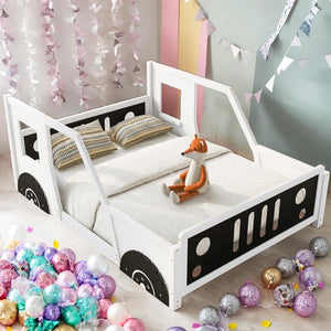 Wheels Shape Car Bed Full Size Platform Kids White Mid-Century Modern Contemporary Wood