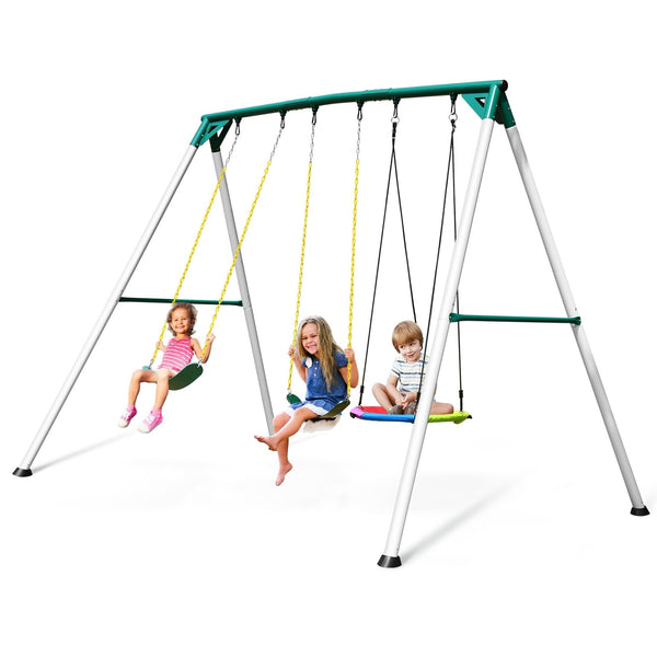 9.5' Heavy Duty Metal Swing Set White Swings