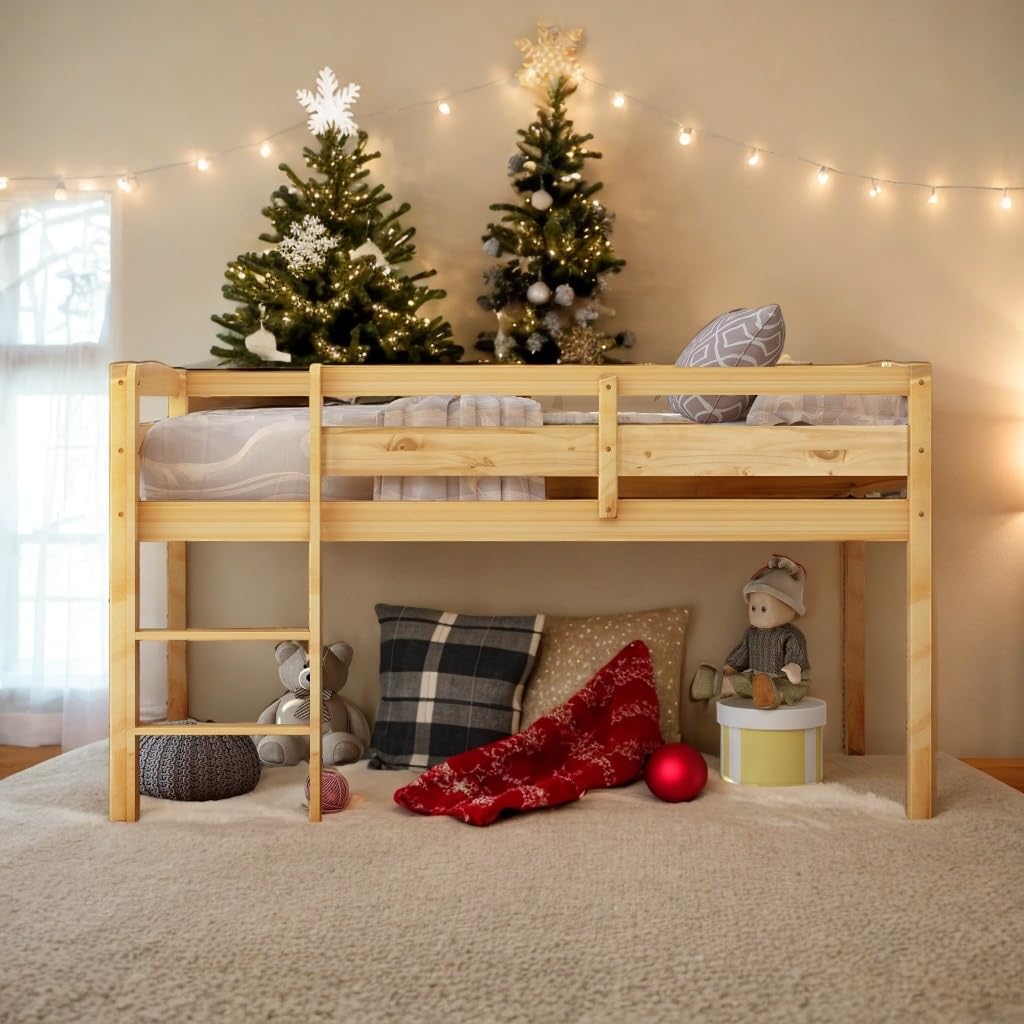 Modern Twin Size Wood Low Loft Beds with Ladder and Solid Construction for Kids Bedroom Brown Contemporary