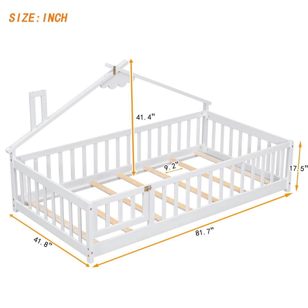 Twin Pine Wood House-Shaped Bedside Floor Bed with Guardrails Door