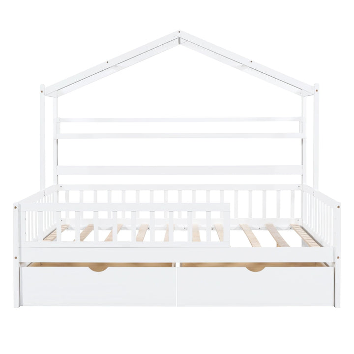 Wooden Full Size House Bed with 2 Drawers Kids Storage Shelf White