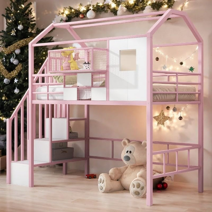 Kids Bed with Ladder and Full-Length Guardrails Metal House Loft Pink Modern Contemporary Unisex