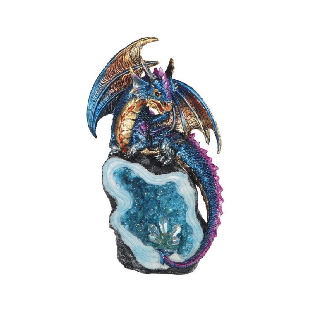 8" h Colorful Baby Dragon Guarding Blue Crystal Cave Statue Fantasy Decoration Figurine Polyresin