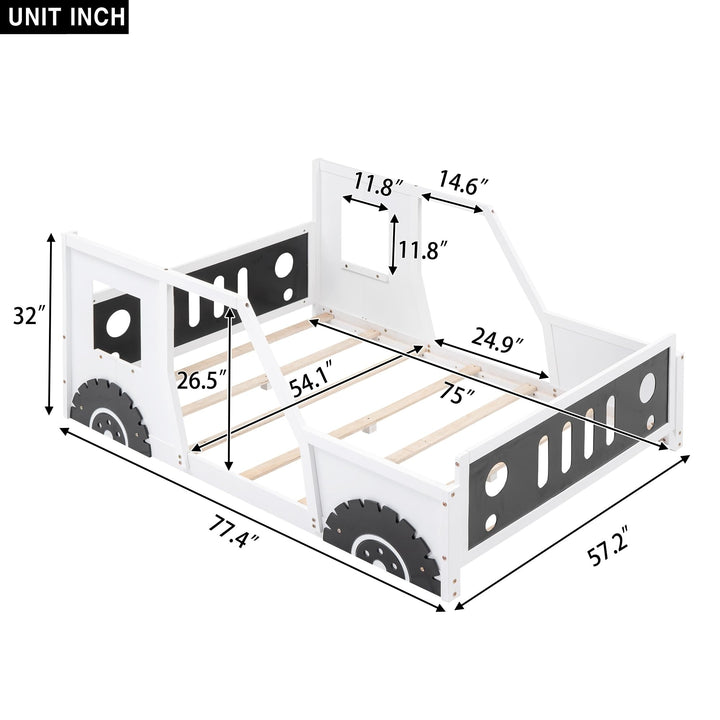 Wheels Shape Car Bed Full Size Platform Kids White Mid-Century