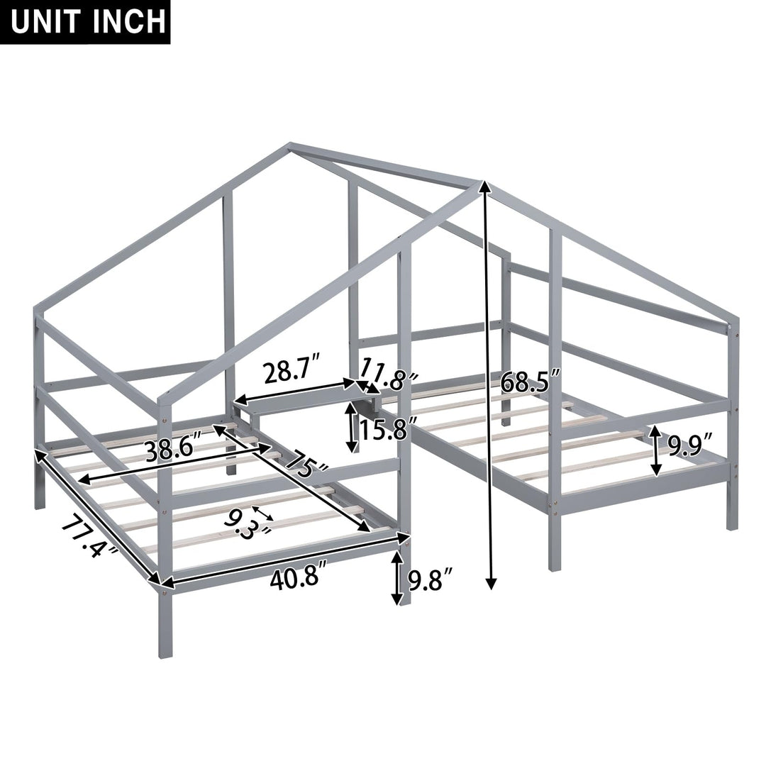 Twin Size Kids Bed Double Triangular House Beds with Built-in Table