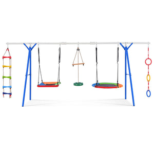 5 in 1 Outdoor Kids Swing Set Playground Sets with Stand Blue Multifunction Playsets Climbing Ladder and Modern Contemporary Metal with