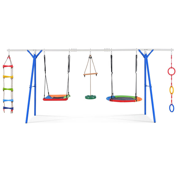 5 in 1 Outdoor Kids Swing Set Playground Sets with Stand Blue Multifunction Playsets Climbing Ladder and Modern Contemporary Metal with