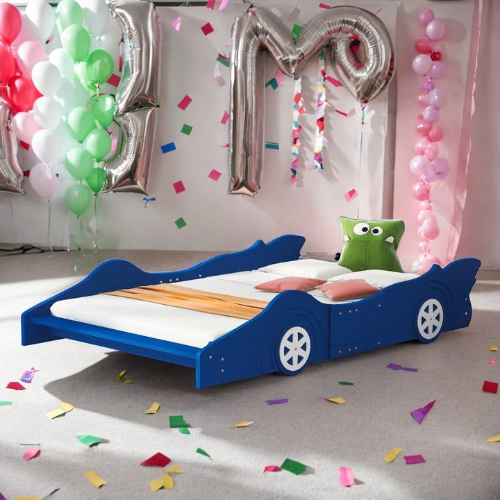 Design Full Size Car-Shaped Platform Bed Kids Blue Mid-Century Modern Contemporary Wood