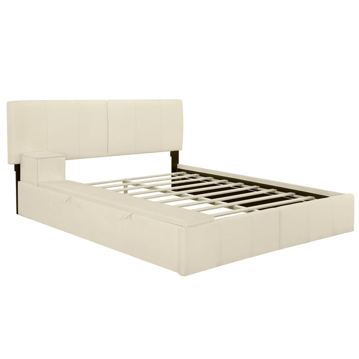 Queen Upholstered Platform Bed Frame for Boys Girls Kids Adults Toddler with Lateral Storage Compartments and Thick Fabric Beige Modern Contemporary Includes Hardware