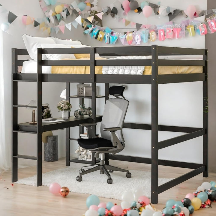 Full Loft Bed Pine Kids with Desk Shelves and Ladder Black Modern