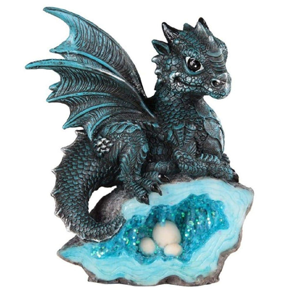 5 inch h Blue Baby Dragon with Crystal Egg Nest Statue Fantasy Decoration Figurine Polyresin, Medium