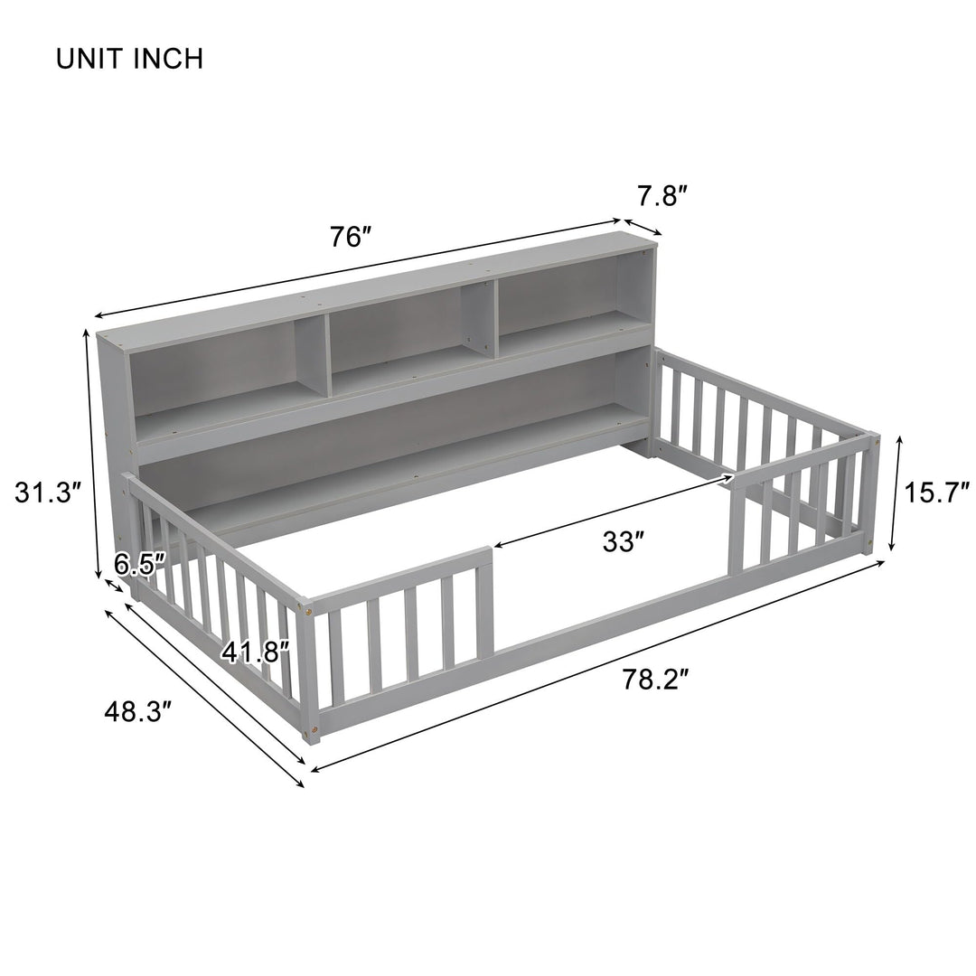 Twin Size Bed Kids Floor with Safety Guardrails Grey Mid-Century