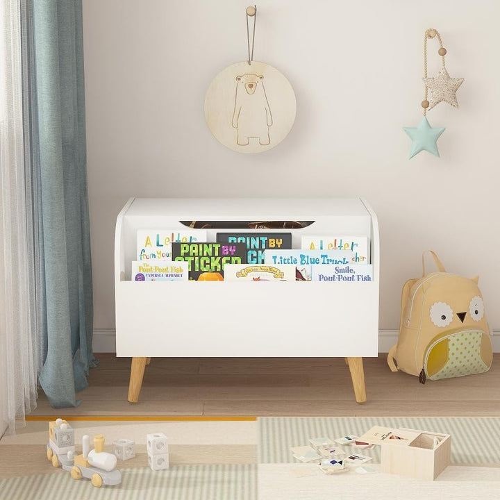 Wooden Kids Toy Box with Front Bookshelf and Flip-top Lid White Modern