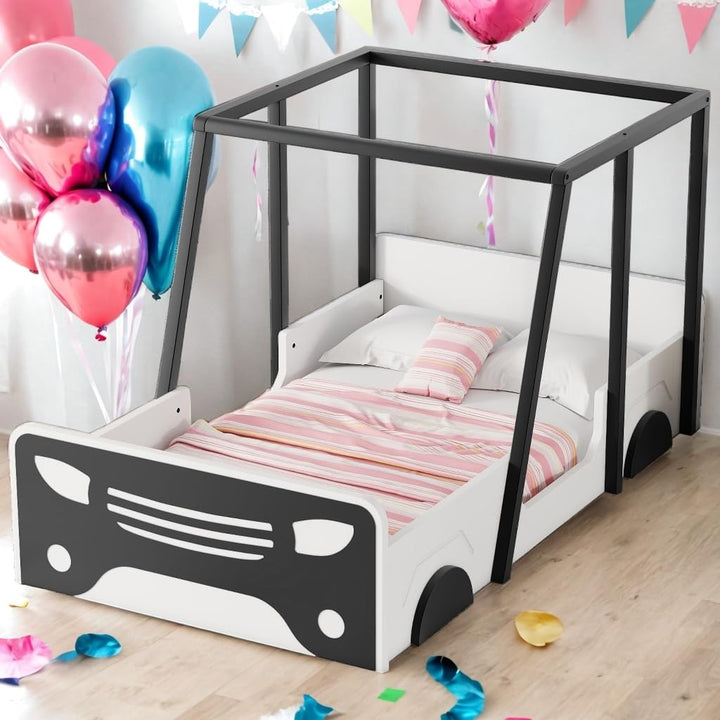 Twin Size Bed Kids Car-Shaped Black Mid-Century Modern Contemporary Wood