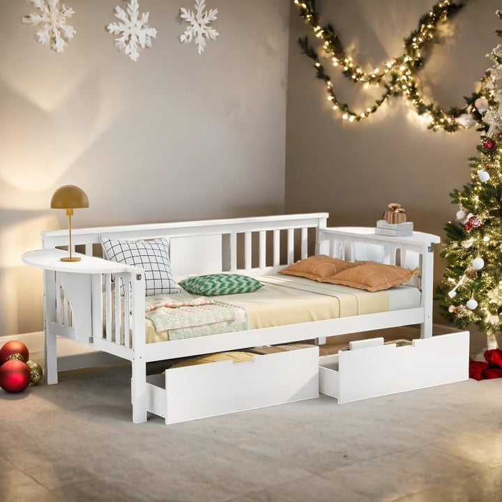 Elegant Design Twin Size Daybed Wood Bed Kids with Two Drawers White