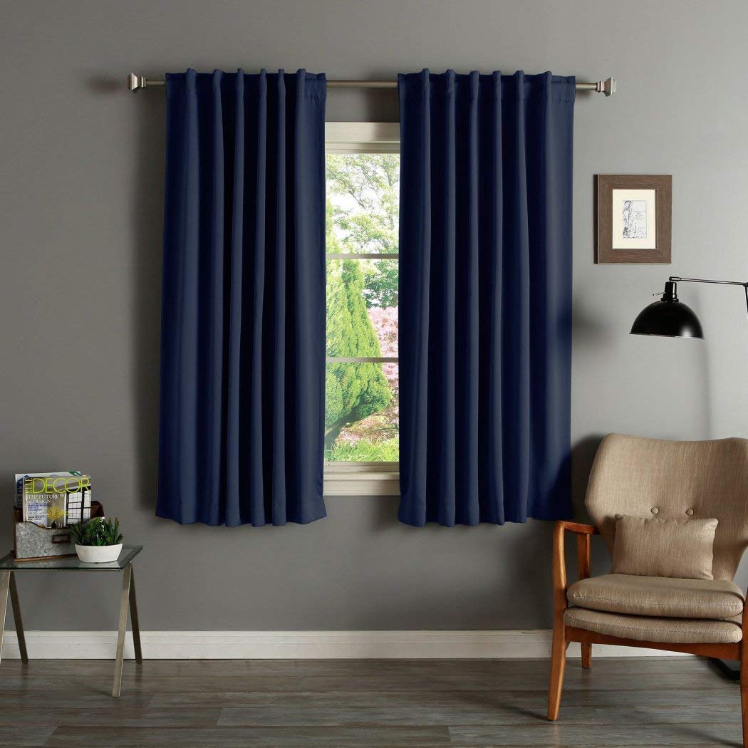 63 Inch Girls Navy Solid Color Blackout Curtain Panel Pair, Blue Color Window Drapes, Kids Themed Thermal Energy Efficient Rod Pocket Playful Luxurious, Polyester